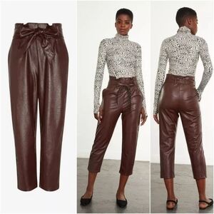 $198 Commando Paperbag Pants Tie Belt Oxblood Red Brown Stretch Faux Leather Med